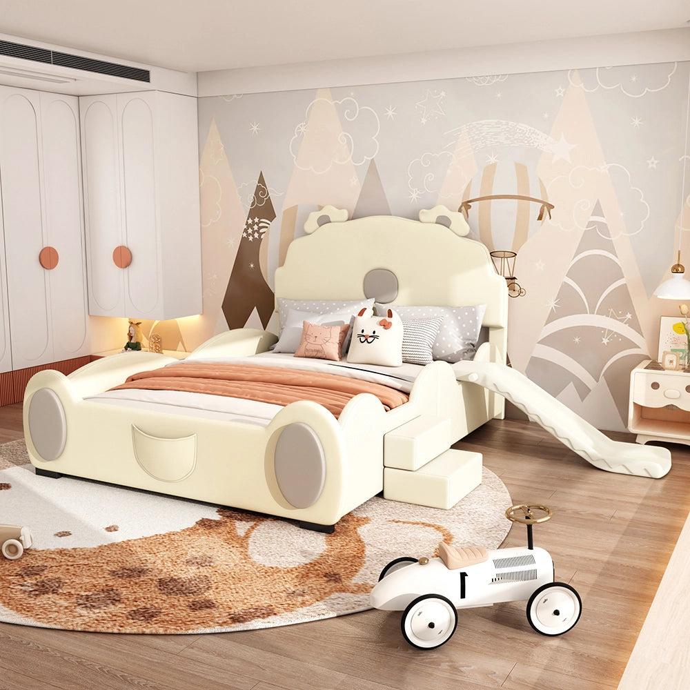 Letto per bambini con scivolo - Xylo - 140x200 cm - Beige - Orso e scala in PU