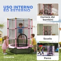 Tappeto Elastico per Bambini con Rete di Sicurezza e Pali Imbottiti Età 3-10 Anni, Ø140 x 190 cm, Rosa