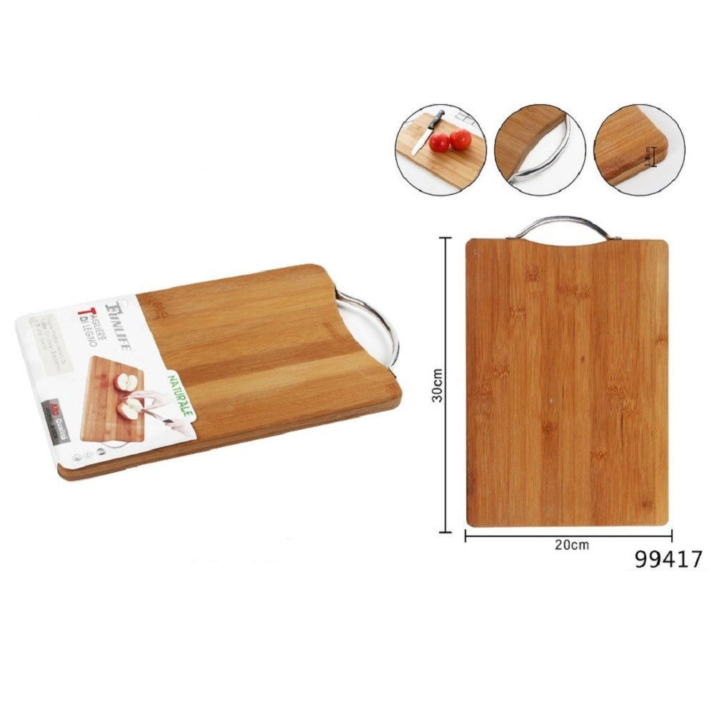 Trade Shop - Tagliere In Legno Manico In Acciaio Vassoio Salumi Casa Cucina 30x20x1.8cm 99417 -
