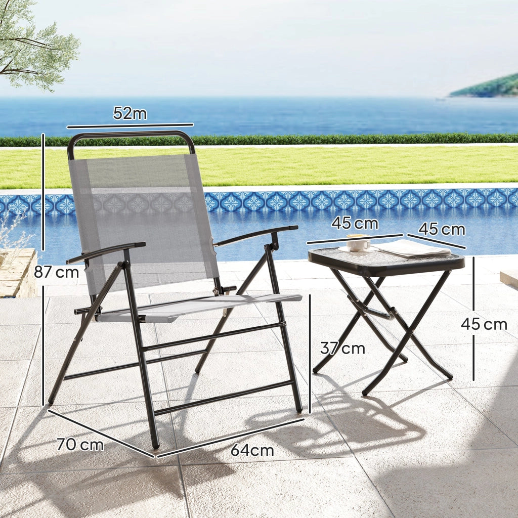 Set da Giardino 3 Pezzi Tavolo con Piano in Vetro e 2 Sedie Pieghevoli Grigio