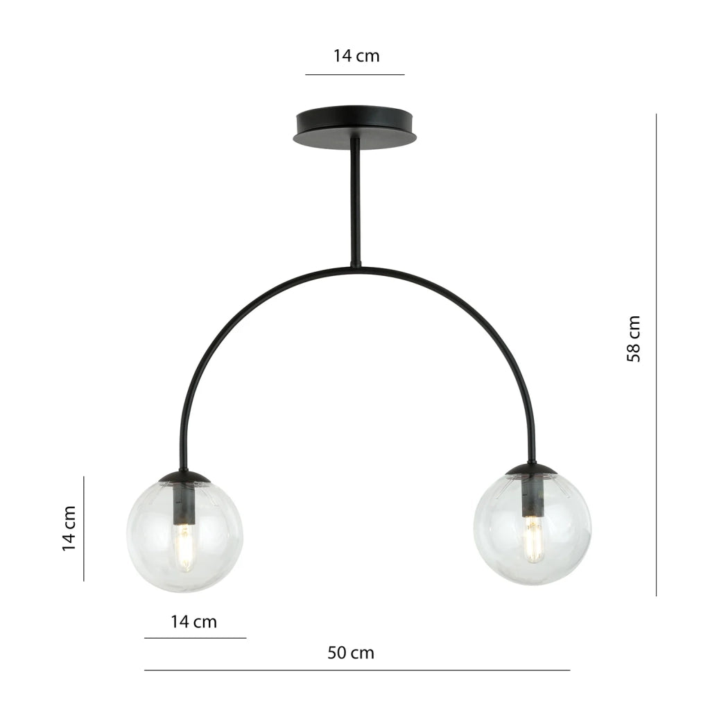 Plafoniera Moderna Utu 2 Luci In Acciaio Nero E Vetro Trasparente