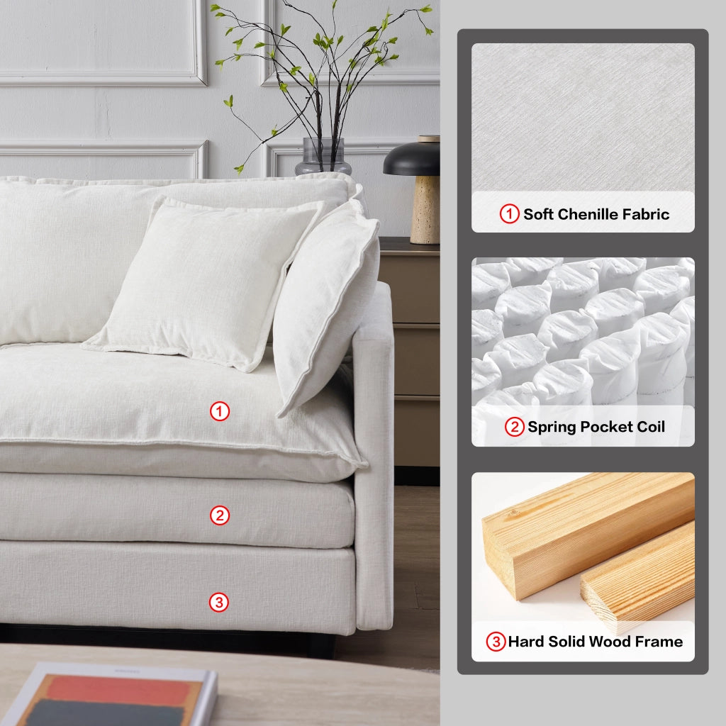 Divano angolare modulare 3 posti con pouf in Chenille Beige