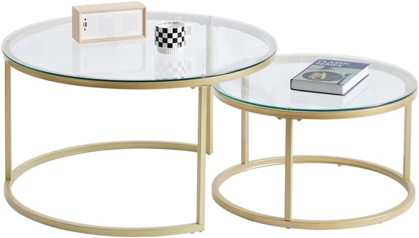 GrandCA HOME Set di 2 Tavolini Impilabili Tavolini Sovrapponibili con Gambe in Metallo, Tavolini da Caffè per Soggiorno, Marrone Scuro