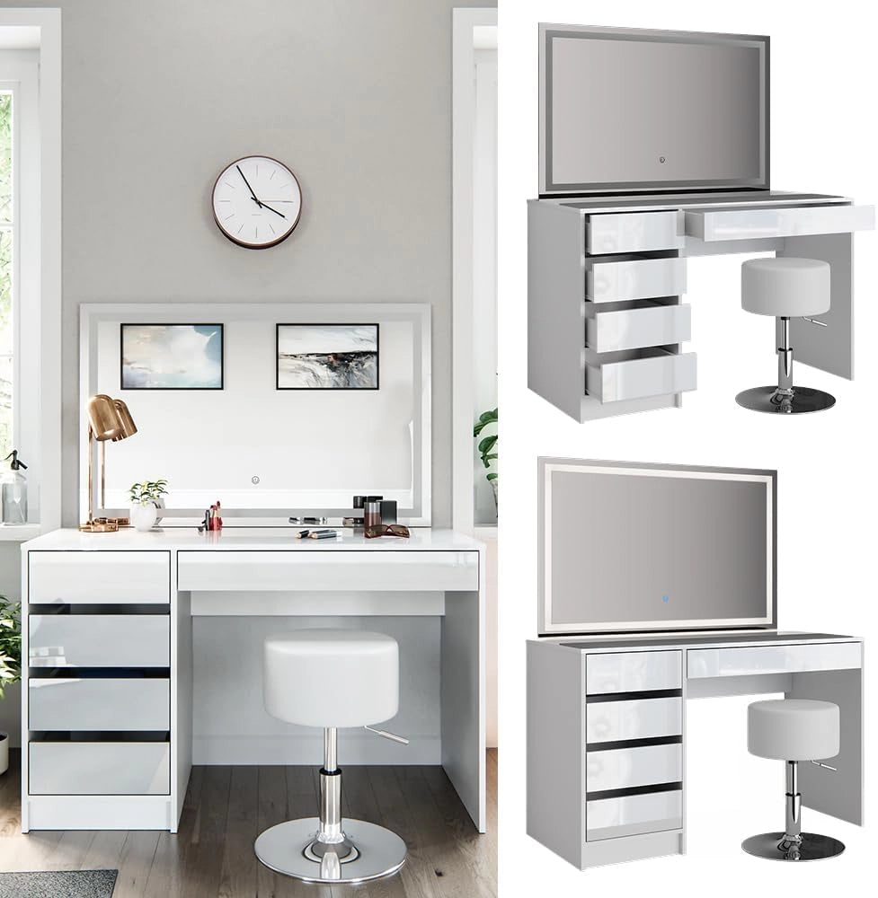 Vicco Tavolo da toeletta Sherry, Bianco, 120 cm con specchio LED e sgabello, con illuminazione LED e sgabello imbottito