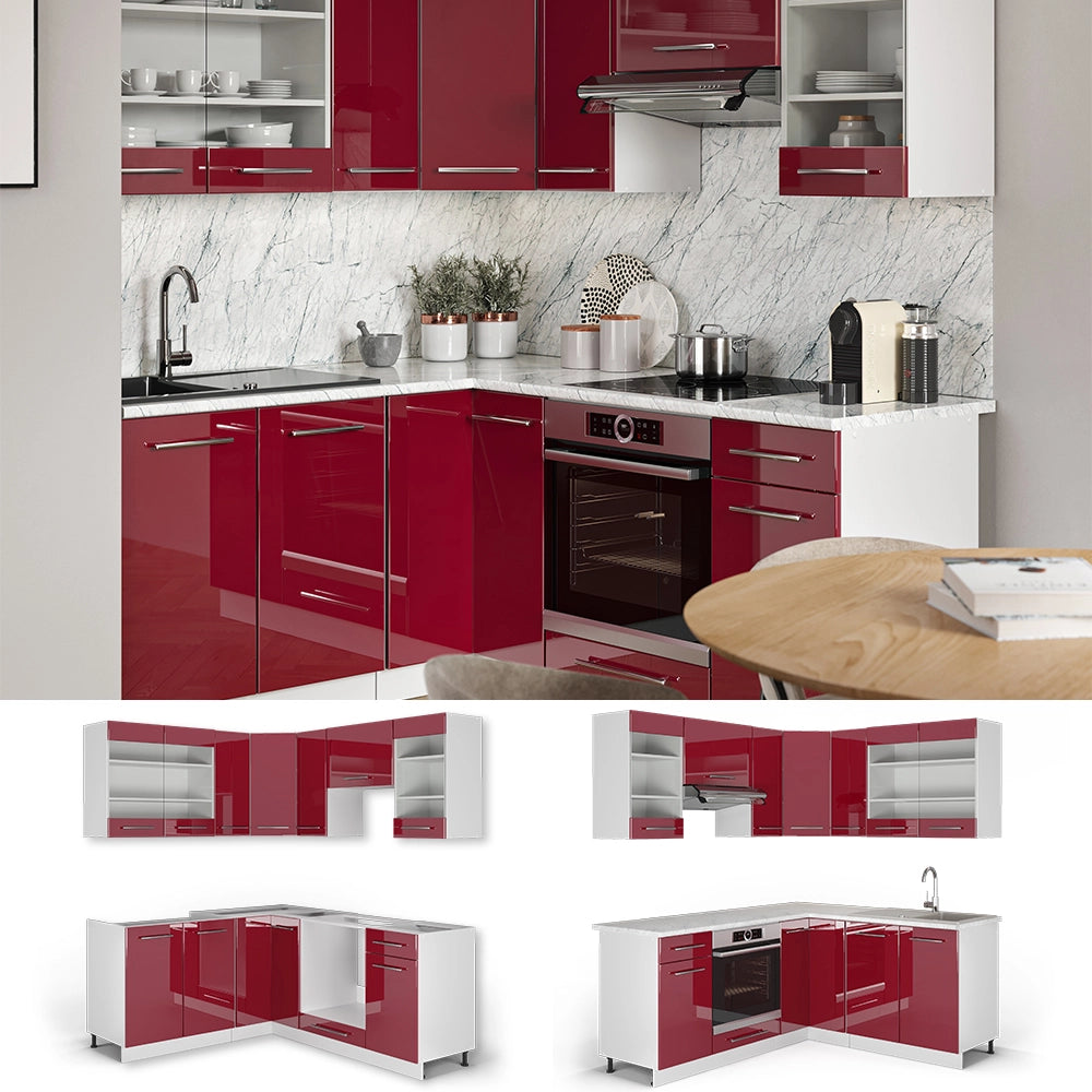 Cucina angolare completa Fame-Line Bordeaux lucido/Bianco 190 x 60 cm, PL Marmo Vicco