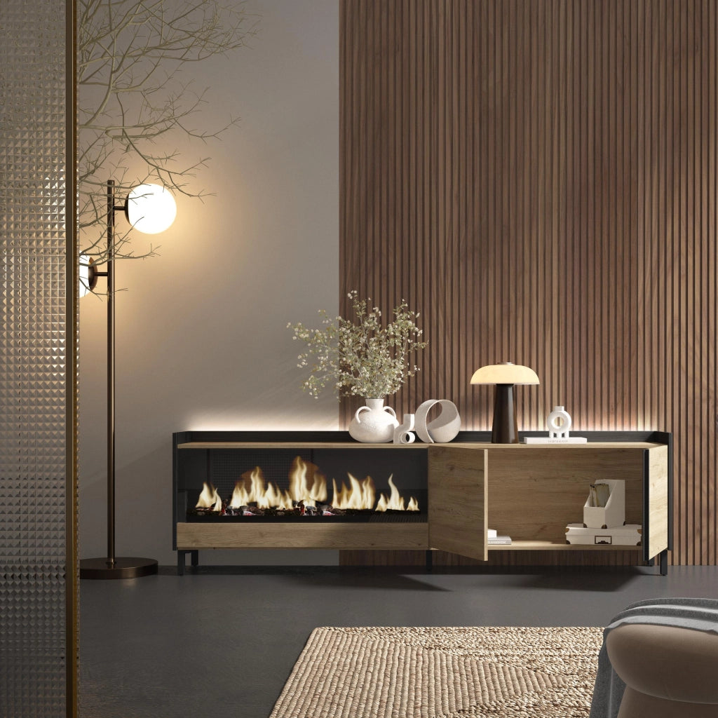 Mobile TV Soggiorno, 212x61x35 cm, Per TV fino a 80", Camino elettrico XXL, Design industriale, LED, Rovere e nero