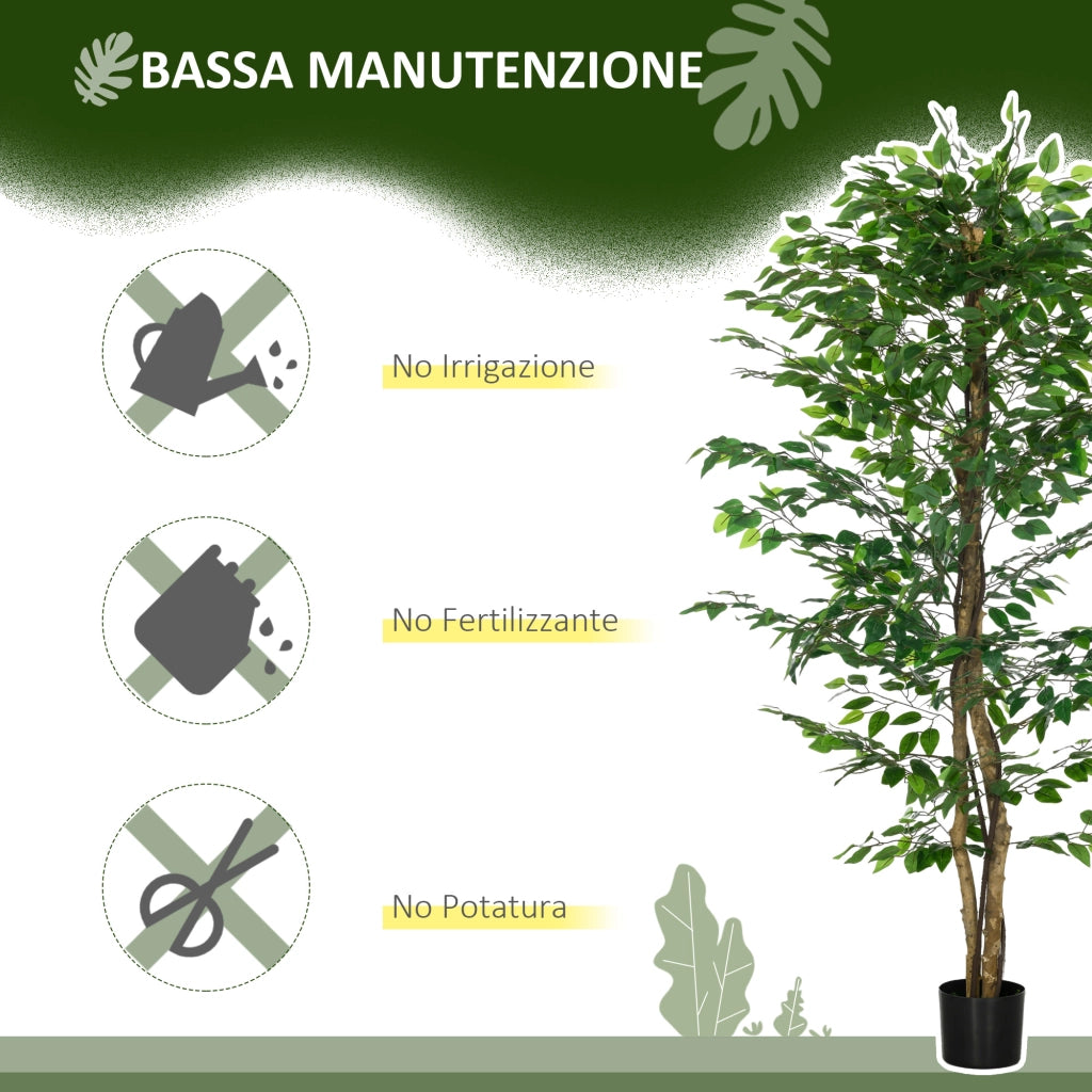 Pianta di Ficus Artificiale da 180 cm per Interni con Vaso in Metallo Riempito. Verde