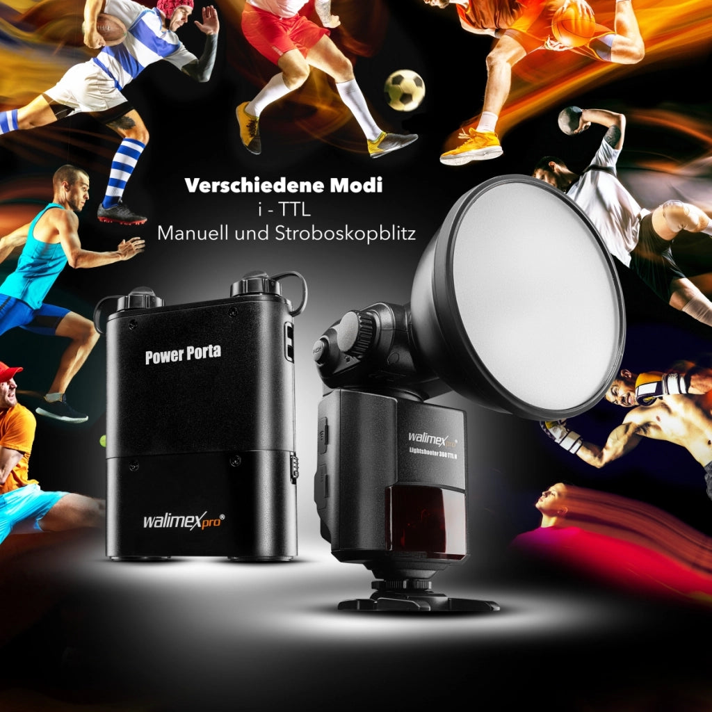 Light Shooter 360 TTL/N flash (incluso tubo flash, riflettore, diffusore, borsa, 1x Power Porta, cavo di collegamento, cinghia di trasporto, caricatore di rete) nero