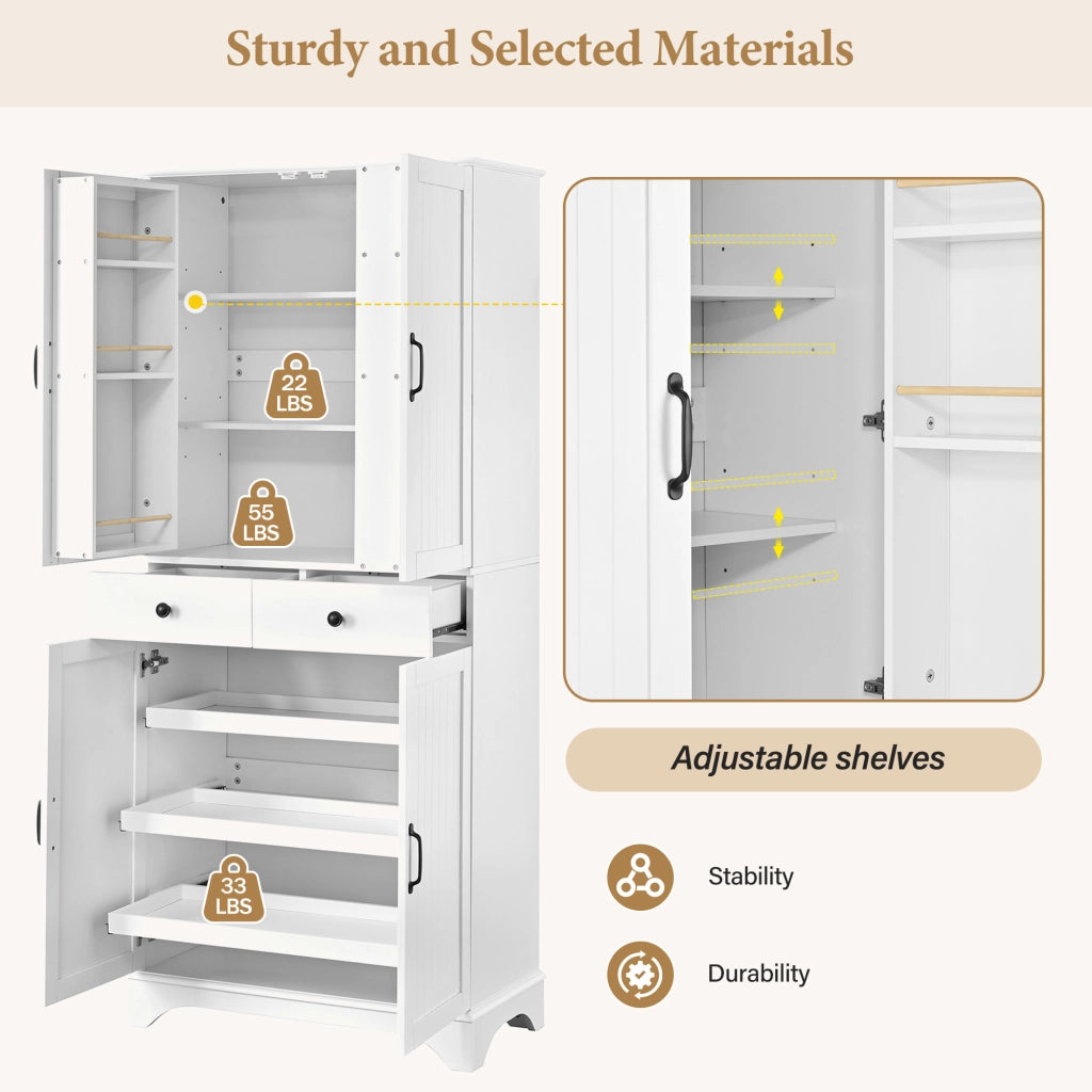 Mobile contenitore alto con ripiani regolabili e cassetti in MDF bianco per cucina soggiorno e studio 77 × 40 × 181 cm