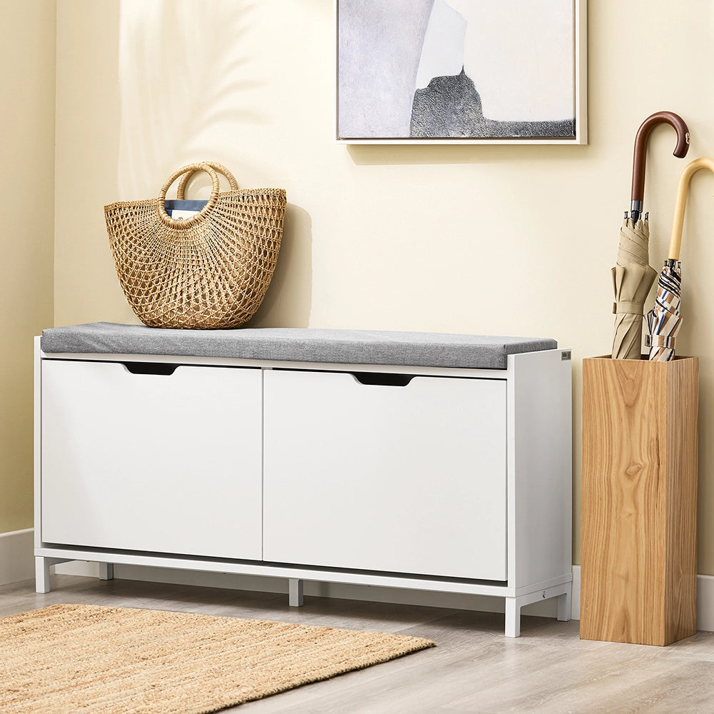 SoBuy Scarpiera Panca Ingresso Salvaspazio Panca Contenitore con Cuscino Imbottito e Struttura in MDF e Ferro, Carico Fino a 250kg, Design Nordic, Bianco e Grigio, 105x24x52 cm, FSR151-L-W