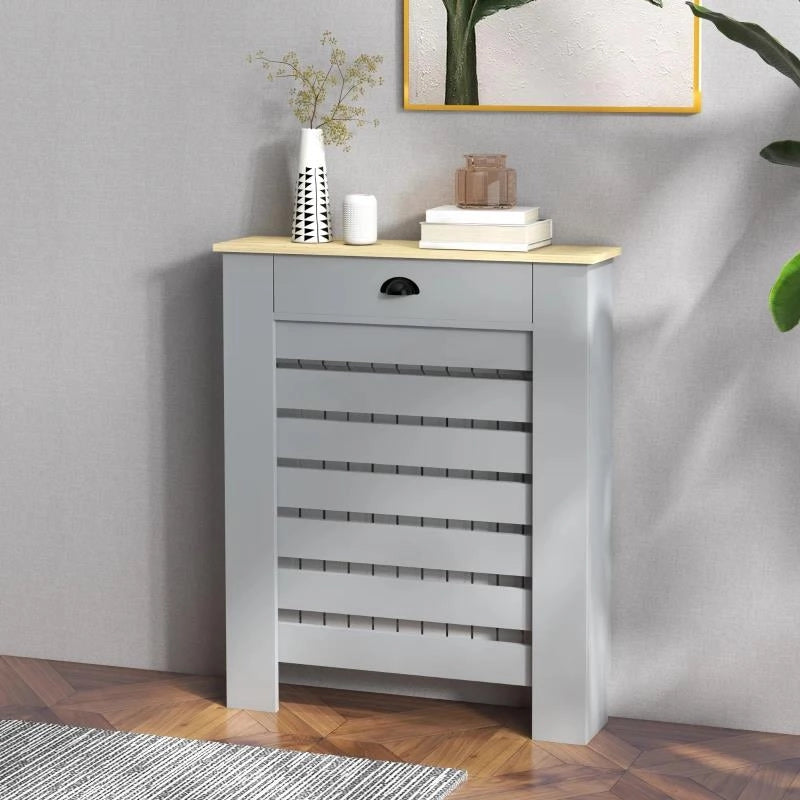 COPRITERMOSIFONE IN MDF A DOGHE, COPRICALORIFERO A GRIGLIA CON CASSETTO, 78X19X95.5 CM, GRIGIO