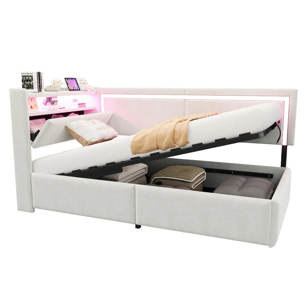 Letto Imbottito Contenitore con LED ¨C Xylo ¨C Velluto Beige 90x200