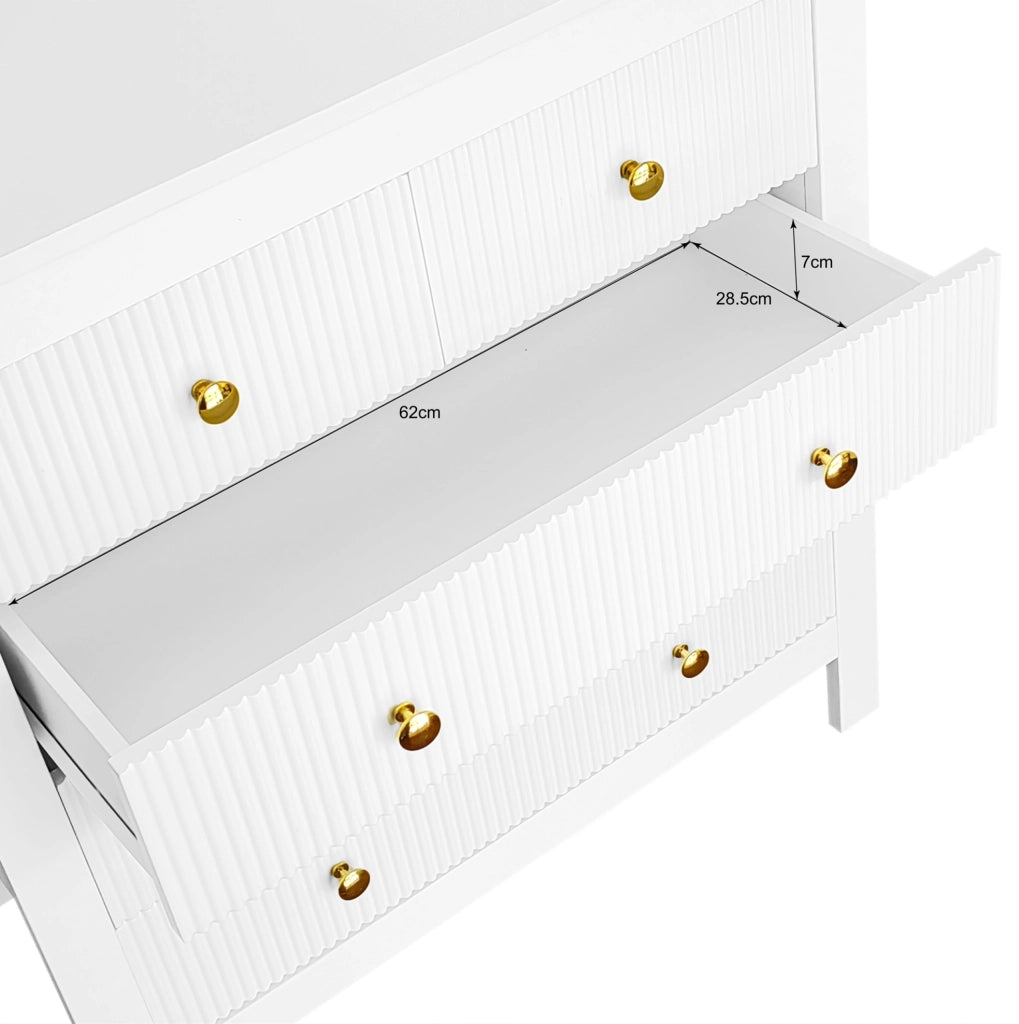 Credenza con 5 cassetti; superfici testurizzate e maniglie dorate; bianco 79 x 80;5 x 39;5 cm