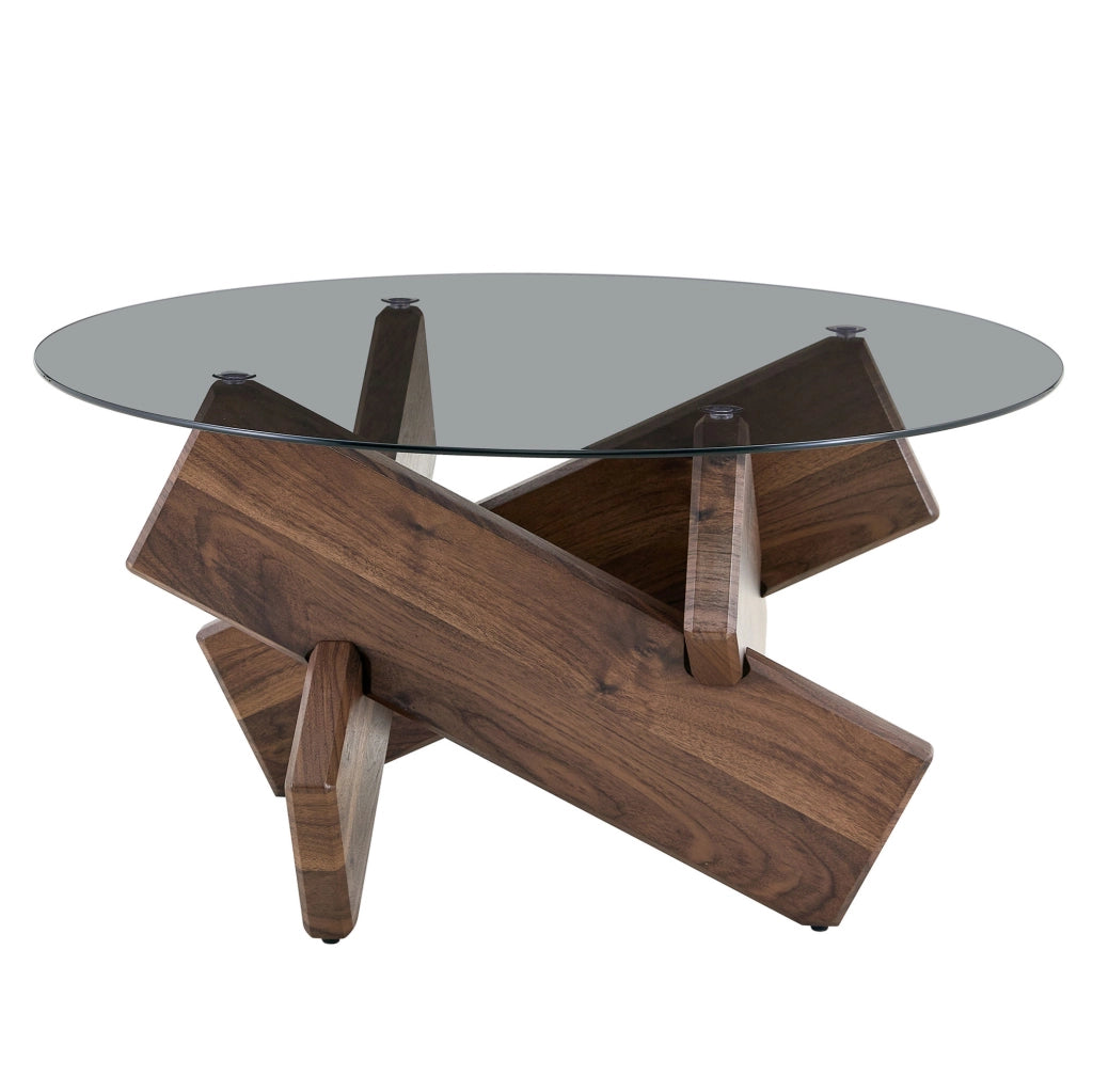 Tavolino basso rotondo Ø 79 cm noce MDF e vetro temperato; base geometrica