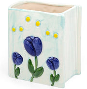 Penholder Decorativo per Bureaux con Fiori e Tulipani per Decorazione di Scrivania Pen Organizer Estetico per Ragazze con Vaso Blu