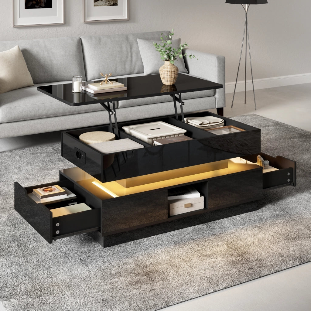 Tavolino basso sollevabile con cassetti vani aperti presa integrata e LED finitura lucida in MDF nero 90 × 48 × 42,5 cm