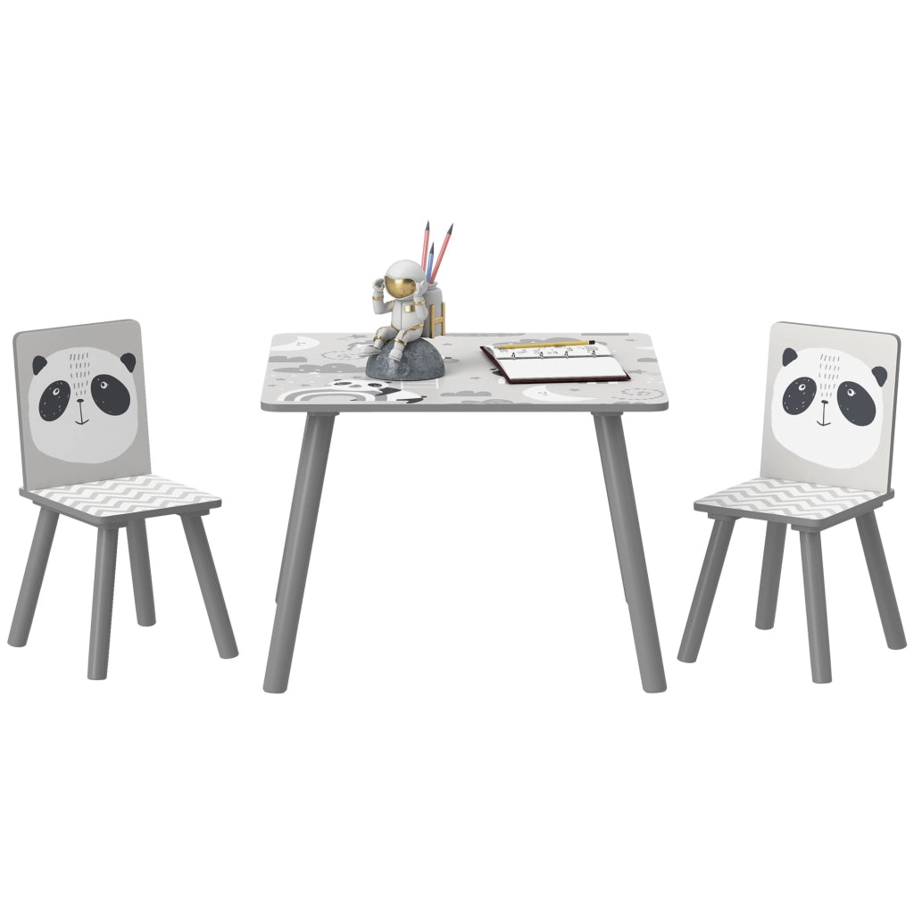 Set Tavolino e 2 Sedie per Bambini Panda in MDF e Legno di Pino Grigio