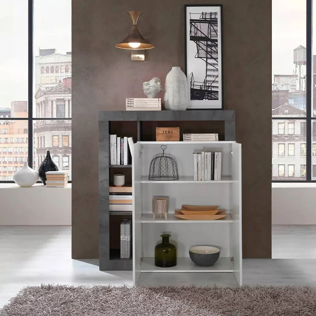 Credenza Smeraldo, Buffet da soggiorno, Madia da salotto, Dispensa da cucina, Made in Italy, 108x42 h127 cm, Bianco lucido e Ardesia