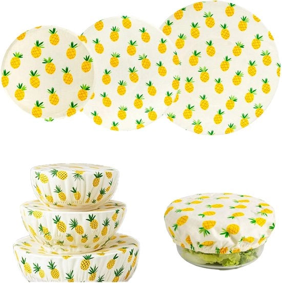 Pannen cappe 3 misure - Coperture flessibili per alimenti - Coperchi di impasto riciclabili - Disegno ananas - Di alta qualità cotone - Conserva alimenti freschi - Copertura alimentare