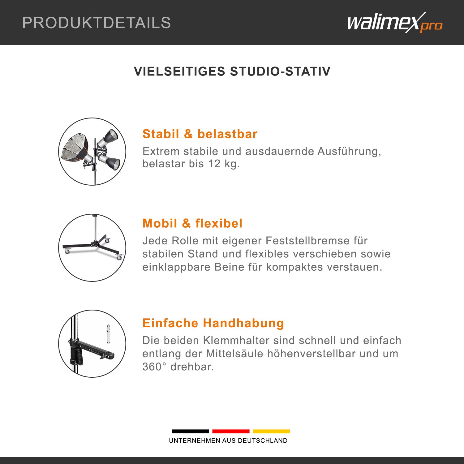 Cavalletto fotografico a rotelle 223 cm max 12 kg, Stativo per luci con due morsetti regolabili e spigot 5/8" per apparecchiature fotografiche