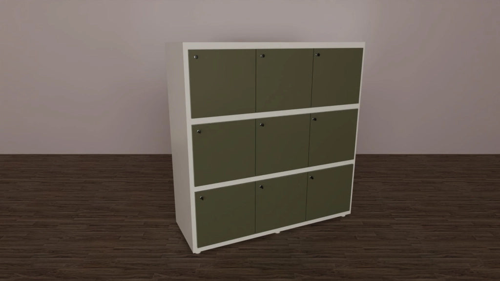 Casellario a 9 posti con struttura bianca in melaminico e ante colorate cm. 153,1x55x156,4h