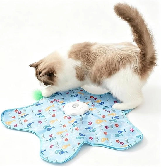 Giocattolo da 2 in 1 per gatti - 70×10cm - Giocattolo interattivo per gatti per interni - 360° Giocattolo da nascondere automatico per gatti - Con attrattore per gatti - Ricarica via USB - Sensore di movimento - Disegno di pesce - Blu
