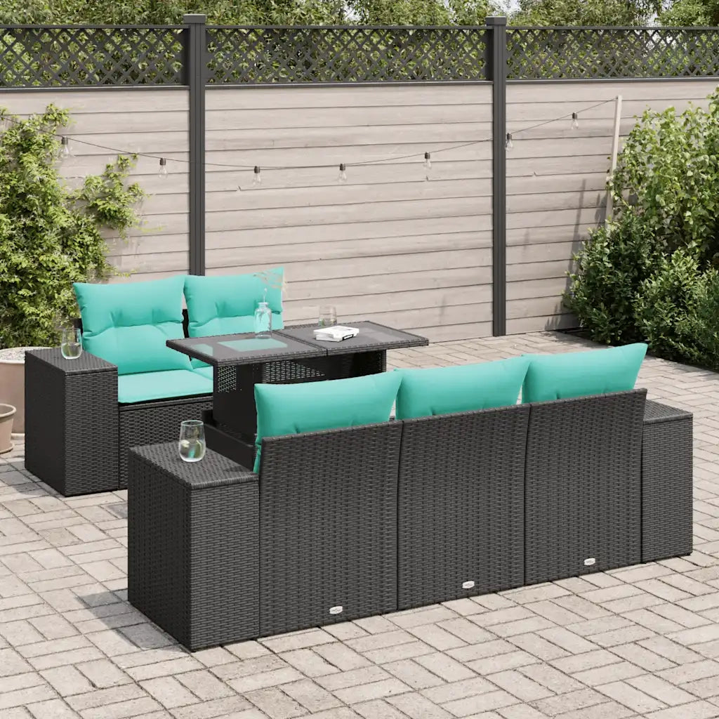 Set Divano da Giardino 6 pz con Cuscini Nero Polyrattan Acacia