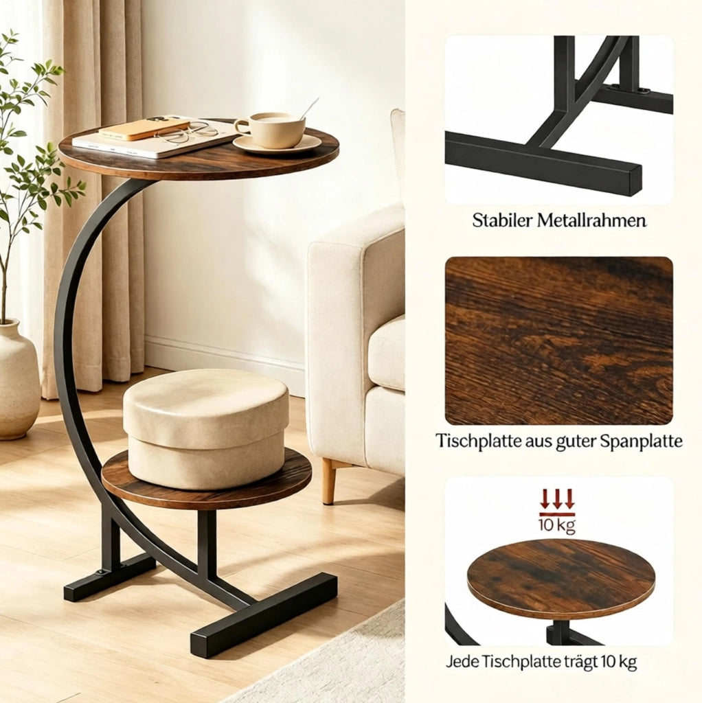 Tavolino laterale a 2 ripiani ?40/30 x 66 cm in MDF e metallo marrone rustico