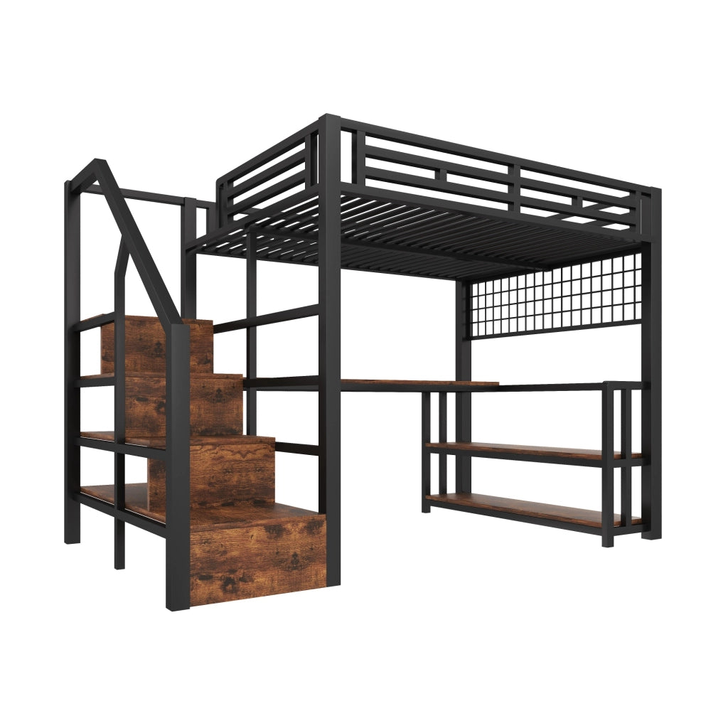 LETTO a soppalco 140x200 cm in metallo nero con scrivania, scaffale, LED e USB