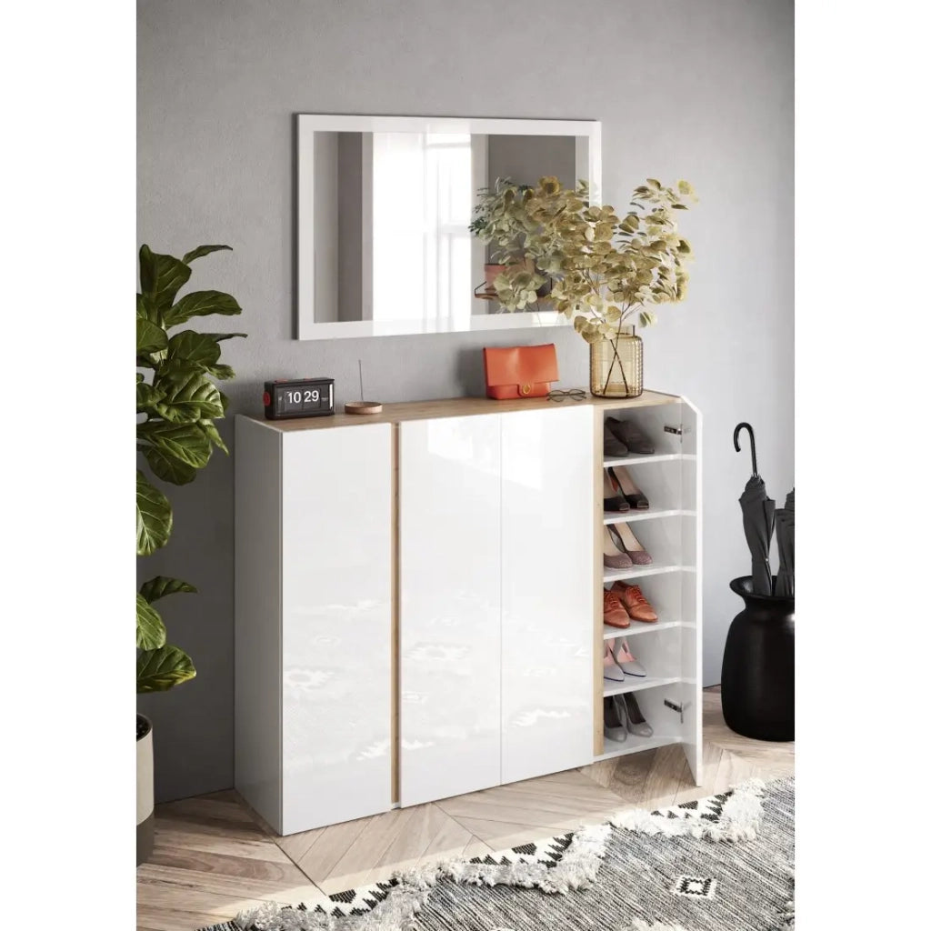 Mobile contenitore con 4 ante e 10 ripiani regolabili, collezione KEY, in color bianco lucido e rovere cadiz.