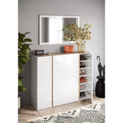 Mobile contenitore con 4 ante e 10 ripiani regolabili, collezione KEY, in color bianco lucido e rovere cadiz.