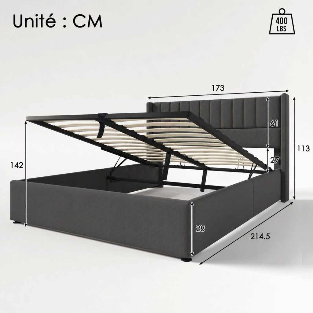 Letto matrimoniale contenitore idraulico 160x200 cm in lino grigio/beige con rete a doghe