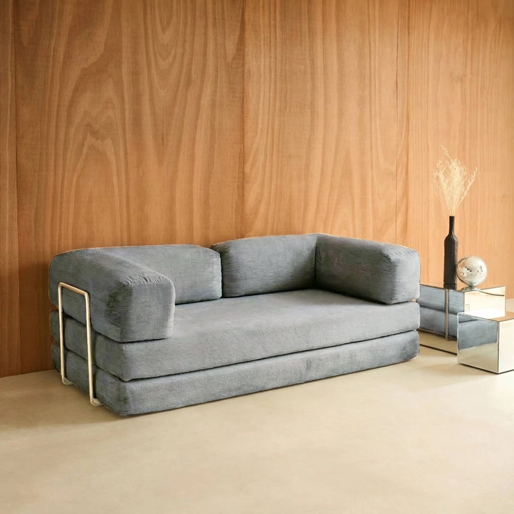 Divano letto futon in velluto a coste e struttura cromata, grigio