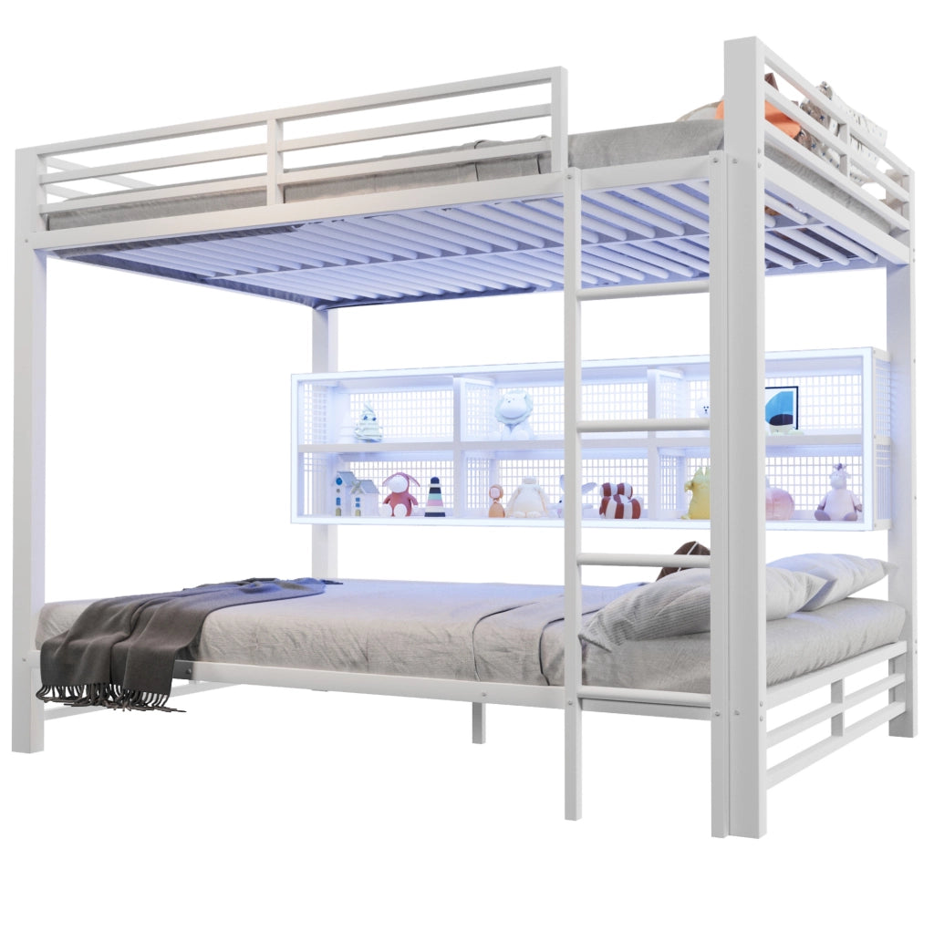 Letto a castello 140x200 cm in metallo bianco con 6 armadietti e LED HAVRYA