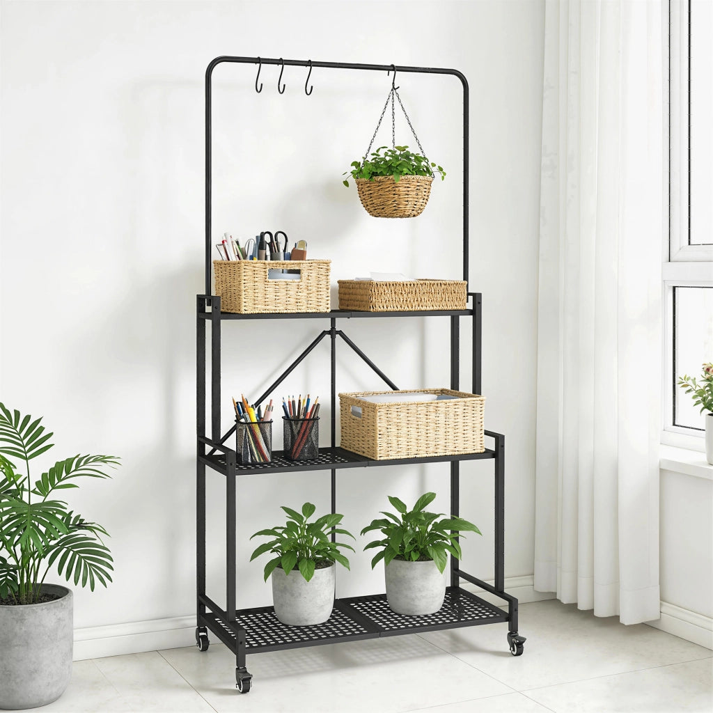 Supporto Piante a 3 Livelli Pieghevole con Ruote e 4 Ganci ¨C Zephmum ¨C Nero, Metallo, 84x40.5x174cm