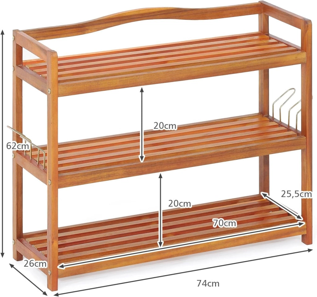 Scarpiera 2/3Ripiani in Legno di Acacia, Scaffale Portascarpe con Ganci Metallici Laterali, Gambe Rialzate, Ogni Piano può Contenere 4-6 Paia (3 livelli)