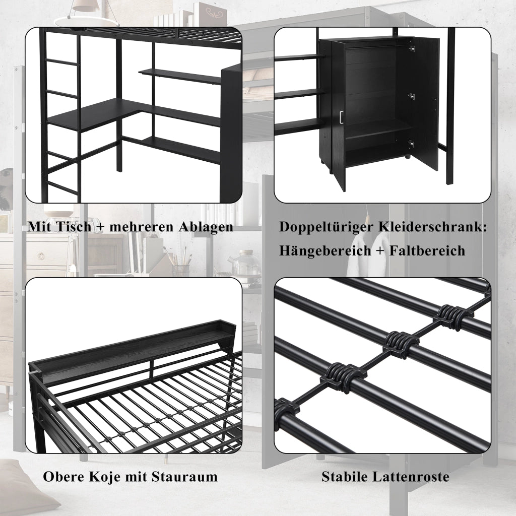DESMIU Letto a soppalco 1 posto con scrivania, armadio, ripiani e scala a 5 gradini 90 × 200 cm, senza materasso