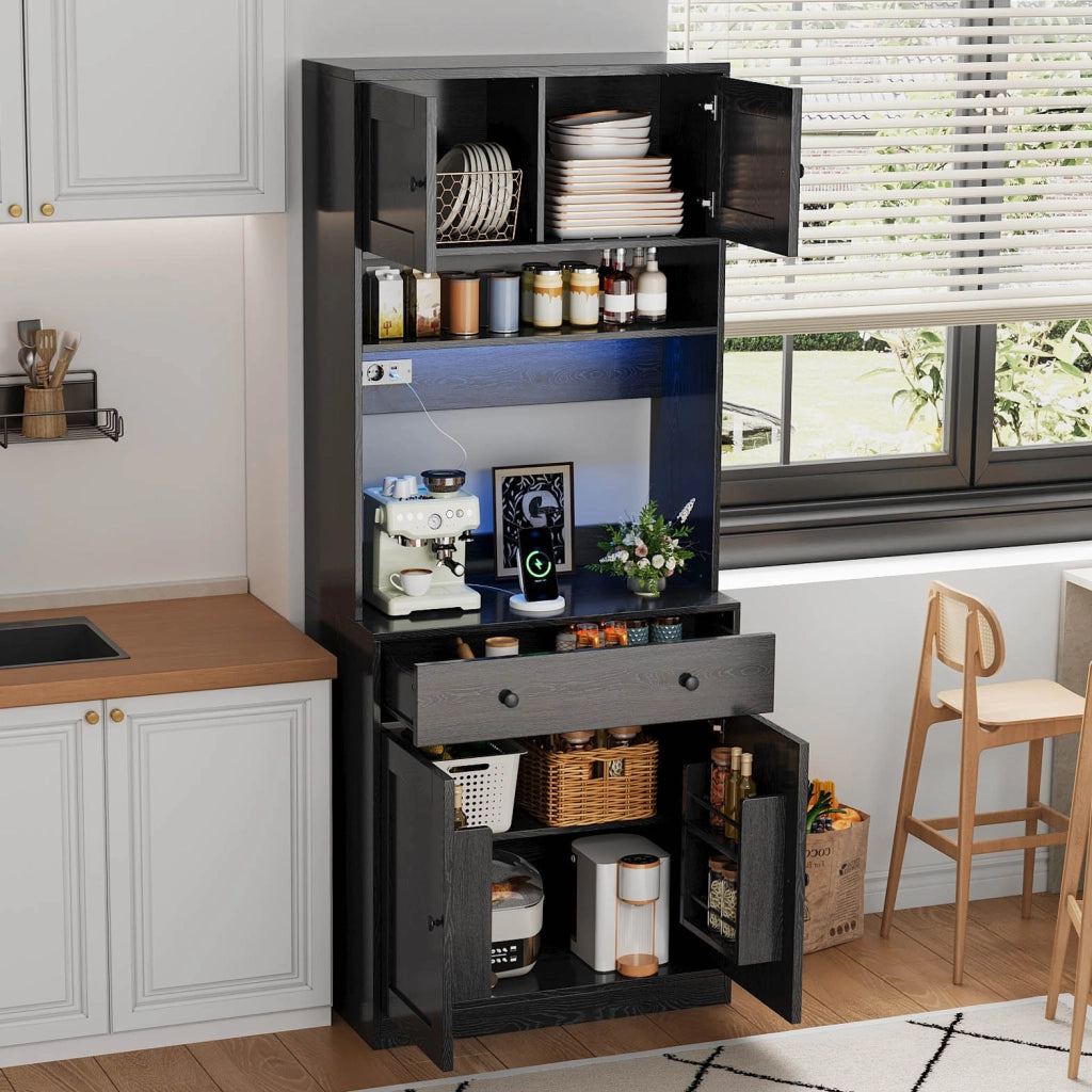 Credenza alta con cassetto; ripiani; LED RGB e prese USB - per cucina - MDF - 72×40×180 cm - nero