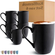 Set di 6 Tazze da Caffè Nero - Disegno a Strisce Unico - Aspetto Opaco & Ceramica per un Gusto di Caffè - Resistente al Microonde - Resistente al Lavastoviglie & Manico Comodo