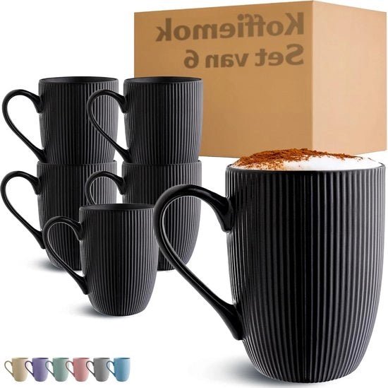 Set di 6 Tazze da Caffè Nero - Disegno a Strisce Unico - Aspetto Opaco & Ceramica per un Gusto di Caffè - Resistente al Microonde - Resistente al Lavastoviglie & Manico Comodo