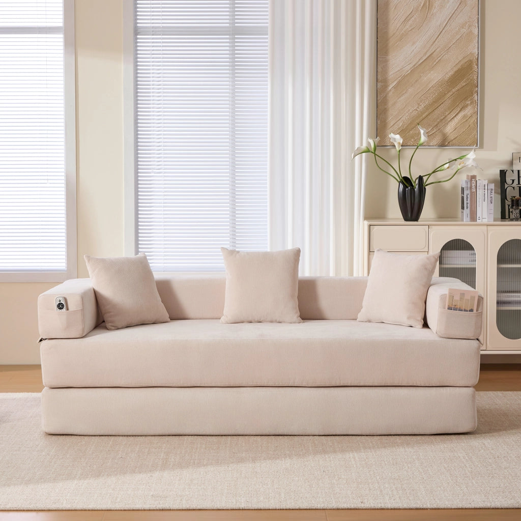 divano modulare in chenille con tasche laterali e base antiscivolo; beige