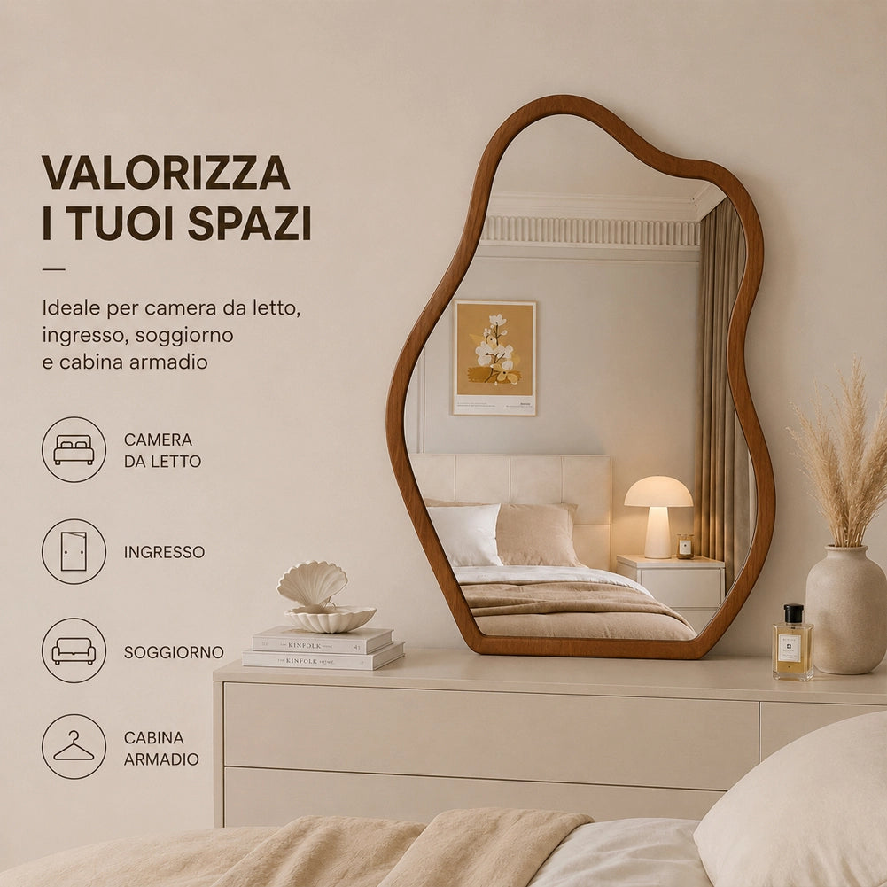 Specchio Asimmetrico da Parete Noce Cornice Legno Decorazione Interni 46x60 cm