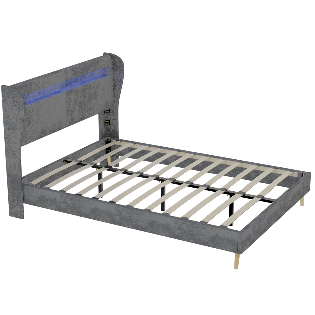 Letto matrimoniale imbottito con testiera regolabile e LED; 140 x 200 cm; grigio