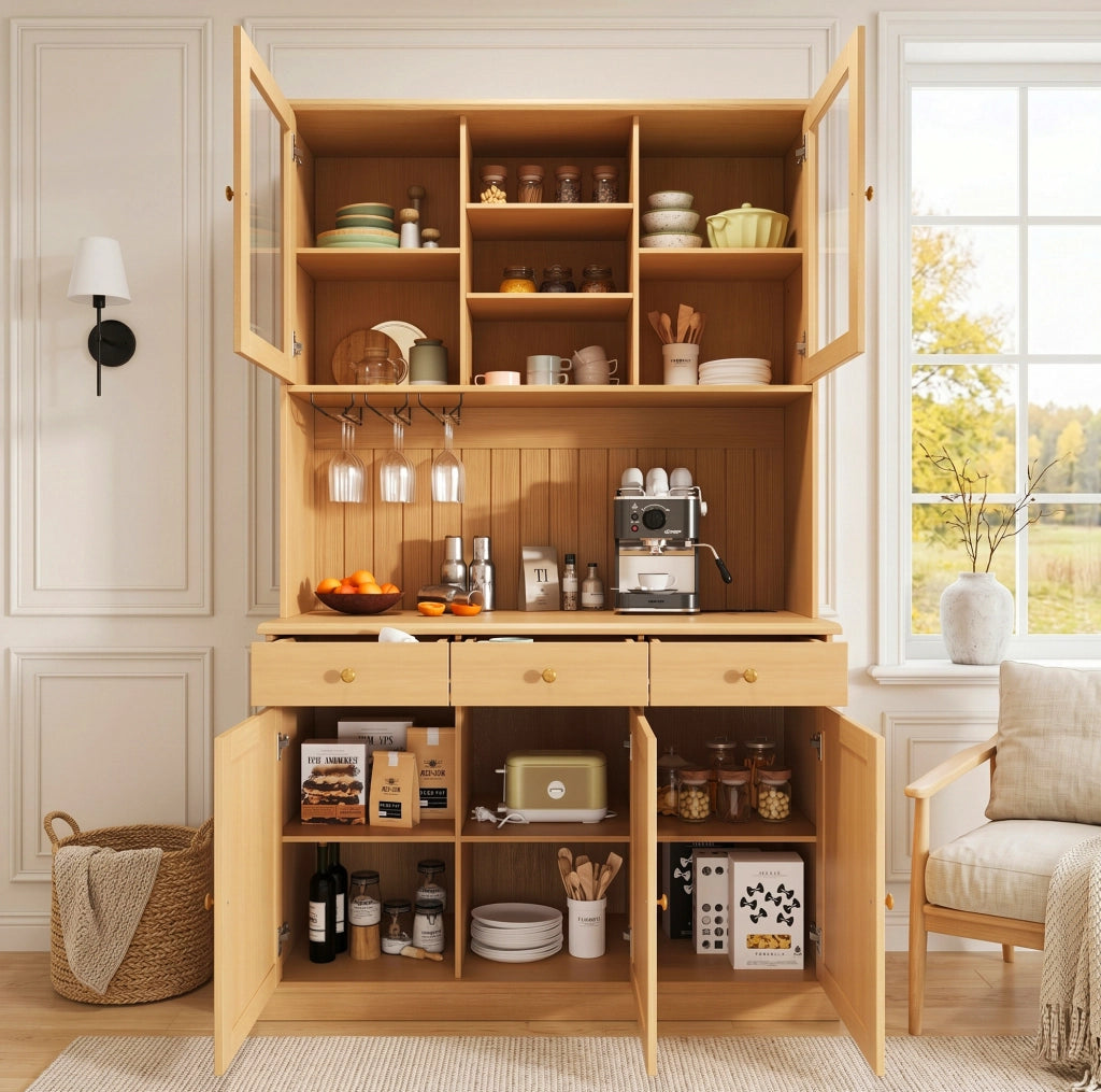 Credenza buffet alta 120x40x191 cm in legno naturale con ante in vetro; prese USB e schuko