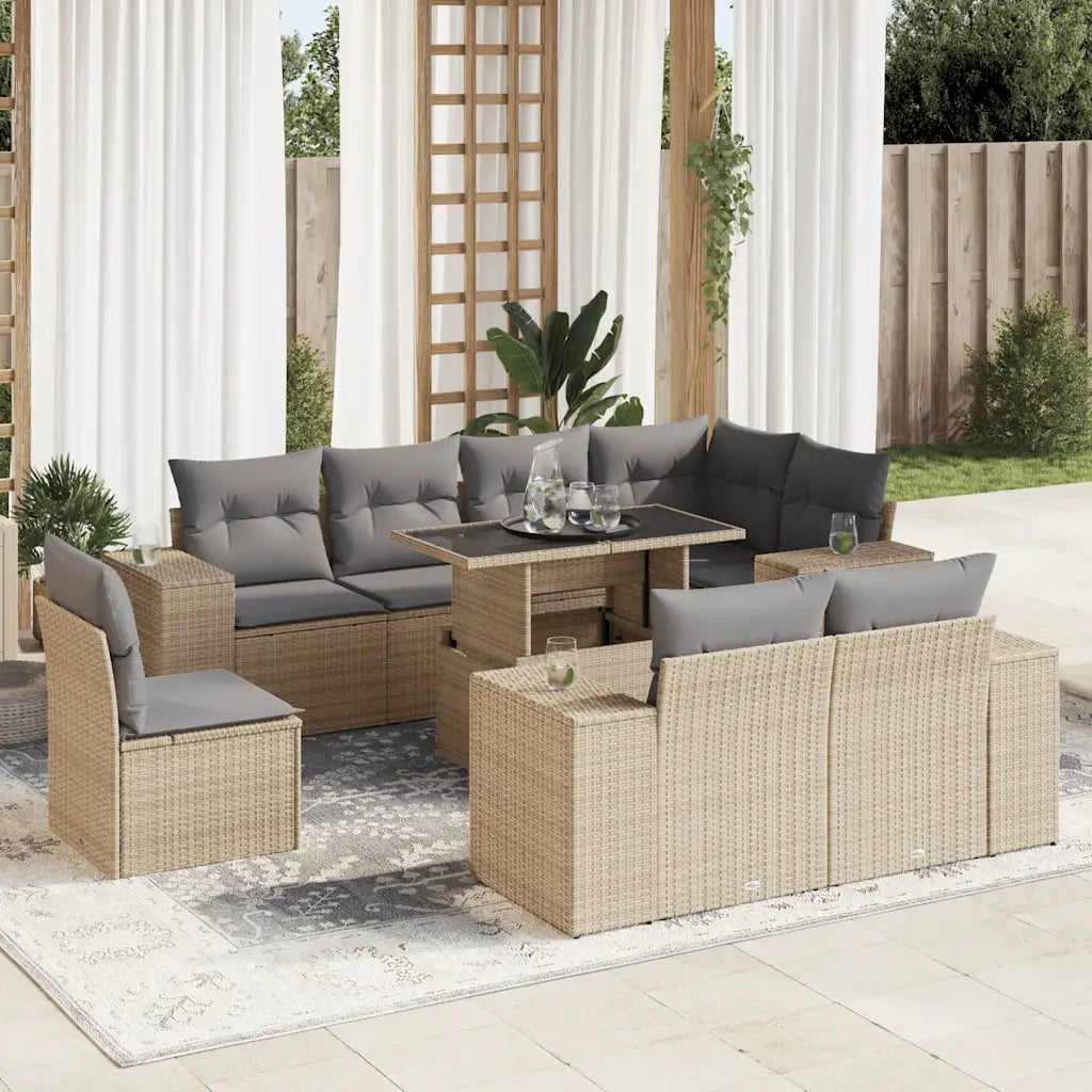 Set Divano da Giardino 9 pz con Cuscini Beige in Polyrattan 3326820