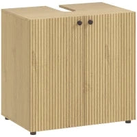 Mobile sotto lavabo, 2 ante con chiusura ammortizzata, ripiano regolabile, 60×39,8×58,5 cm, Legno naturale