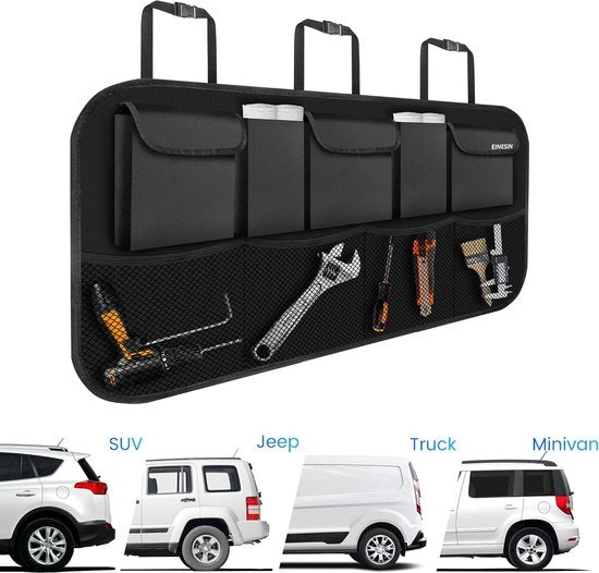 Organizzatore di bagagliaio per auto - Borsa di stivaggio con 9 contenitori - Borsa di viaggio per vacanze - Organizzatore di bagagliaio auto con contenitori elasticizzati resistenti - 108 x 52 cm