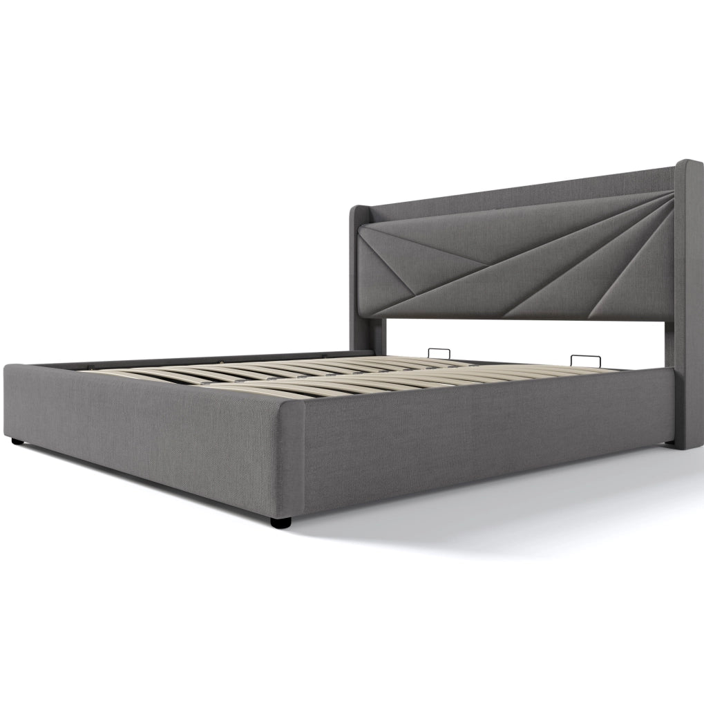 Letto matrimoniale 180x200 cm con contenitore; testiera con USB e Type-C; grigio in cotone e lino