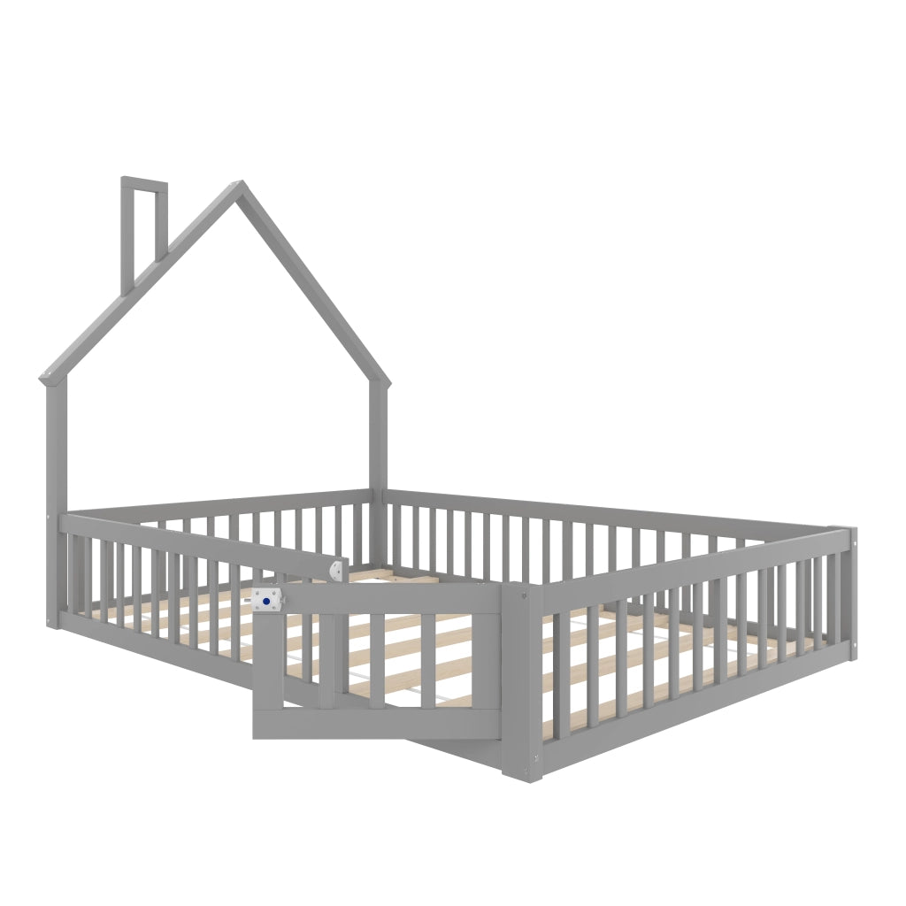 OKWISH Letto Bambini 140×190 cm, Letto Matrimoniale con Sponda di Sicurezza e Design a Camino, senza Materasso, in Pino, Grigio