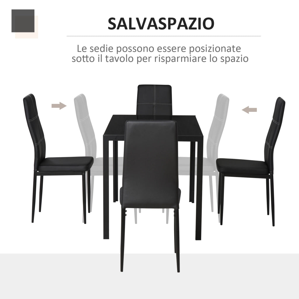 EasyComfort Set 5 Pezzi con 1 Tavolo e 4 Sedie per Cucina o Sala da Pranzo in Finta Pelle, Metallo e Vetro Temperato, Nero